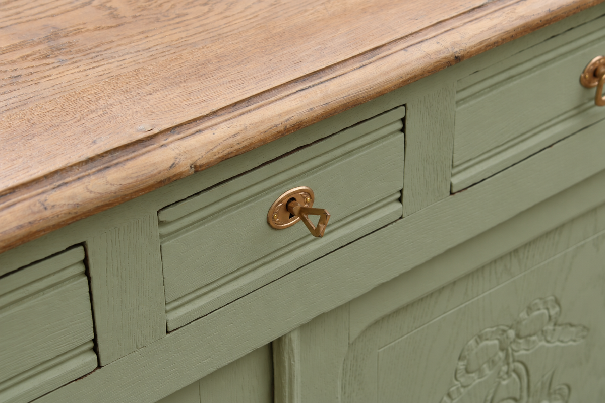Buffet ancien style Art déco en chêne massif – Vert Lézard Pure & Paint et bois naturel – 121 cm