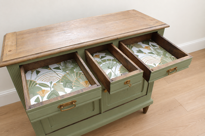 Buffet ancien style Art déco en chêne massif – Vert Lézard Pure & Paint et bois naturel – 121 cm