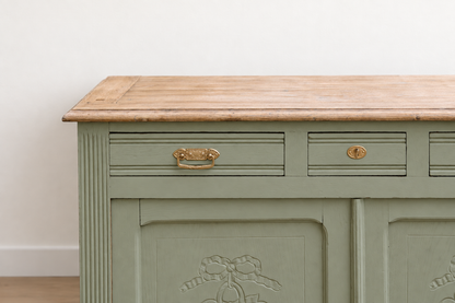 Buffet ancien style Art déco en chêne massif – Vert Lézard Pure & Paint et bois naturel – 121 cm