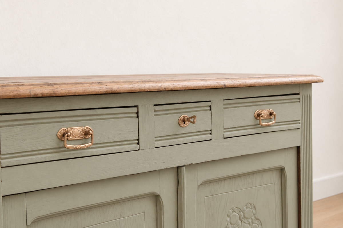 Buffet ancien style Art déco en chêne massif – Vert Lézard Pure & Paint et bois naturel – 121 cm
