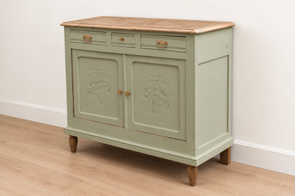Buffet ancien style Art déco en chêne massif – Vert Lézard Pure & Paint et bois naturel – 121 cm