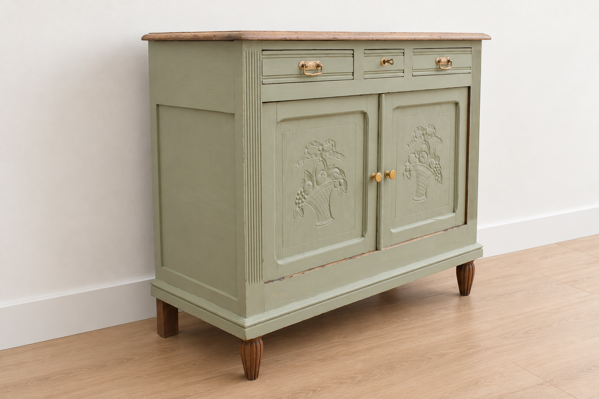 Buffet ancien style Art déco en chêne massif – Vert Lézard Pure & Paint et bois naturel – 121 cm