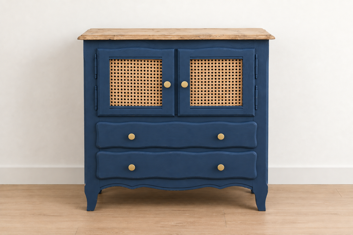 Petit buffet vintage rénové Bleu des Vosges Libéron et cannage – 2 portes, 2 tiroirs