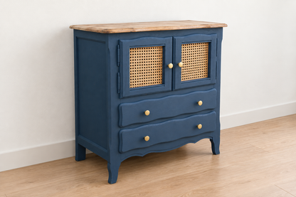 Petit buffet vintage rénové Bleu des Vosges Libéron et cannage – 2 portes, 2 tiroirs