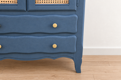 Petit buffet vintage rénové Bleu des Vosges Libéron et cannage – 2 portes, 2 tiroirs