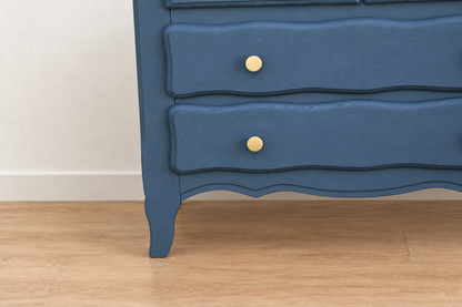 Petit buffet vintage rénové Bleu des Vosges Libéron et cannage – 2 portes, 2 tiroirs