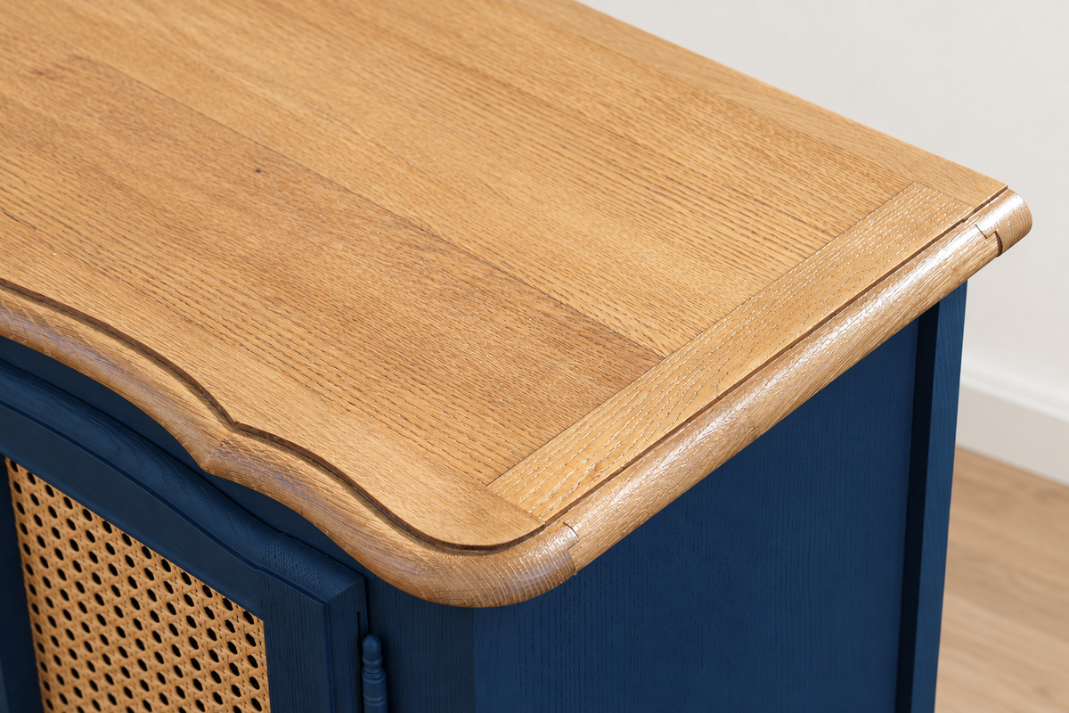 Petit buffet vintage rénové Bleu des Vosges Libéron et cannage – 2 portes, 2 tiroirs