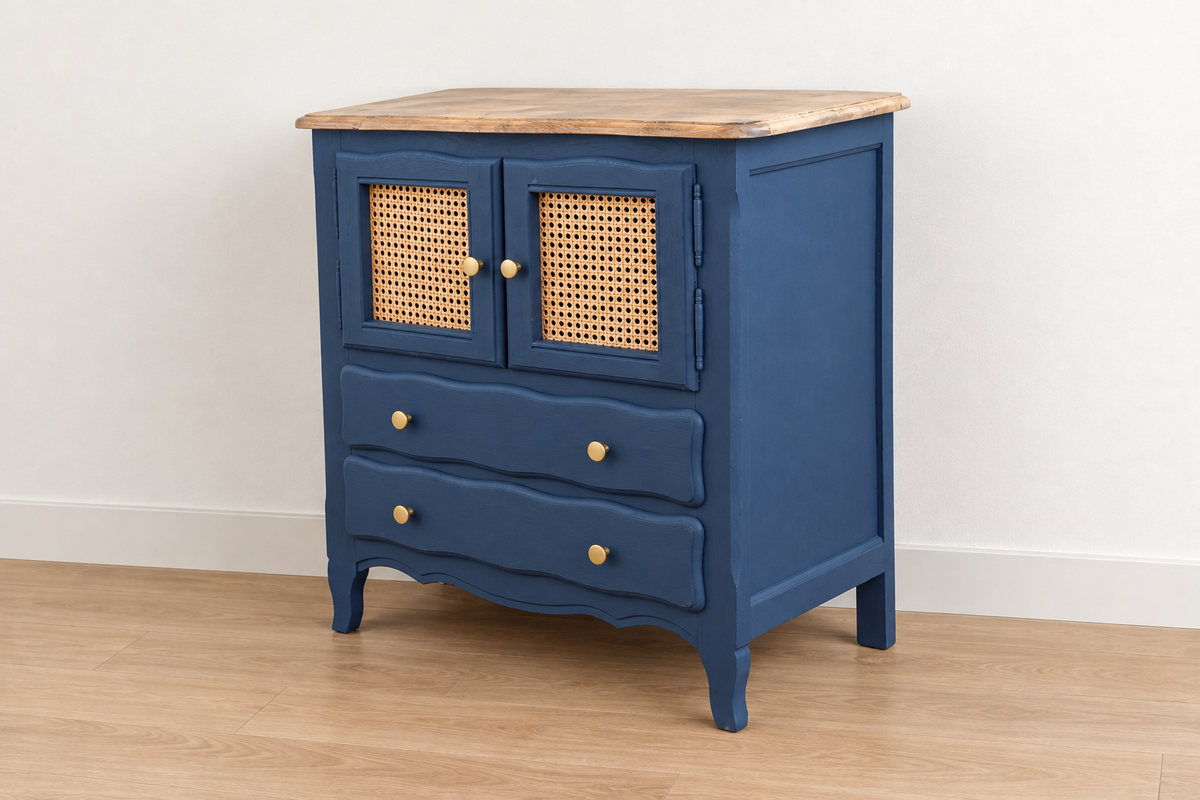 Petit buffet vintage rénové Bleu des Vosges Libéron et cannage – 2 portes, 2 tiroirs