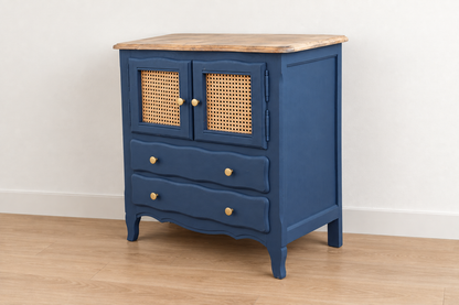 Petit buffet vintage rénové Bleu des Vosges Libéron et cannage – 2 portes, 2 tiroirs
