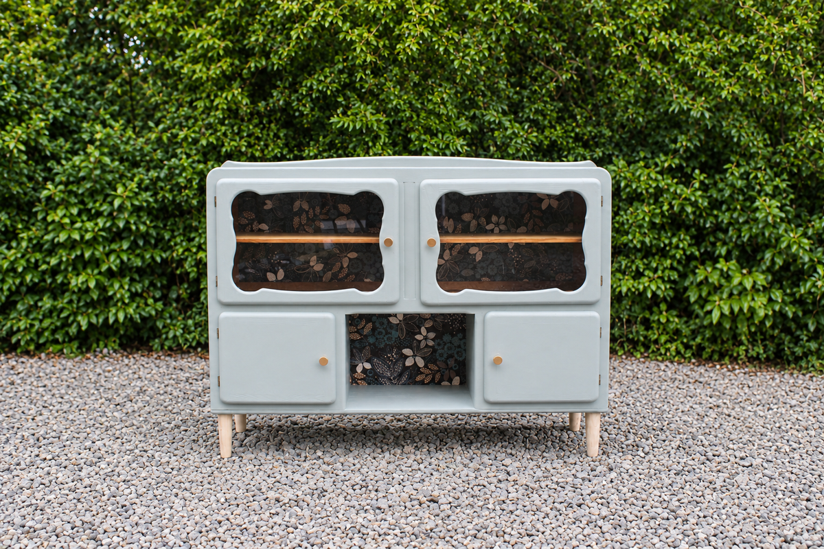 Buffet ancien type Mado rénové bleu vert grisé – vitrine et papier peint floral - VENDU