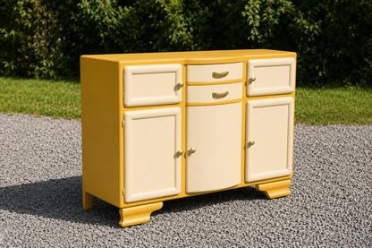 Buffet Mado vintage relooké jaune moutarde & crème – Années 50
