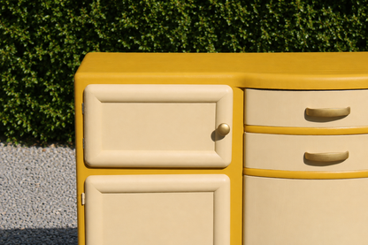 Buffet Mado vintage relooké jaune moutarde & crème – Années 50