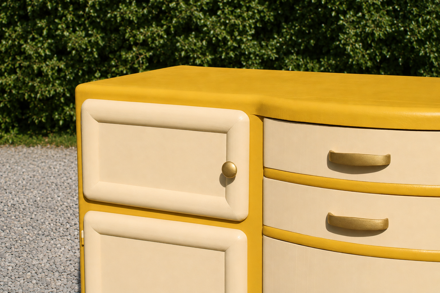 Buffet Mado vintage relooké jaune moutarde & crème – Années 50