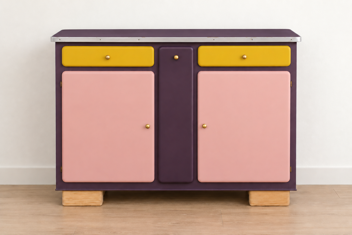 Buffet Mado rénové – buffet bas vintage aubergine - VENDU