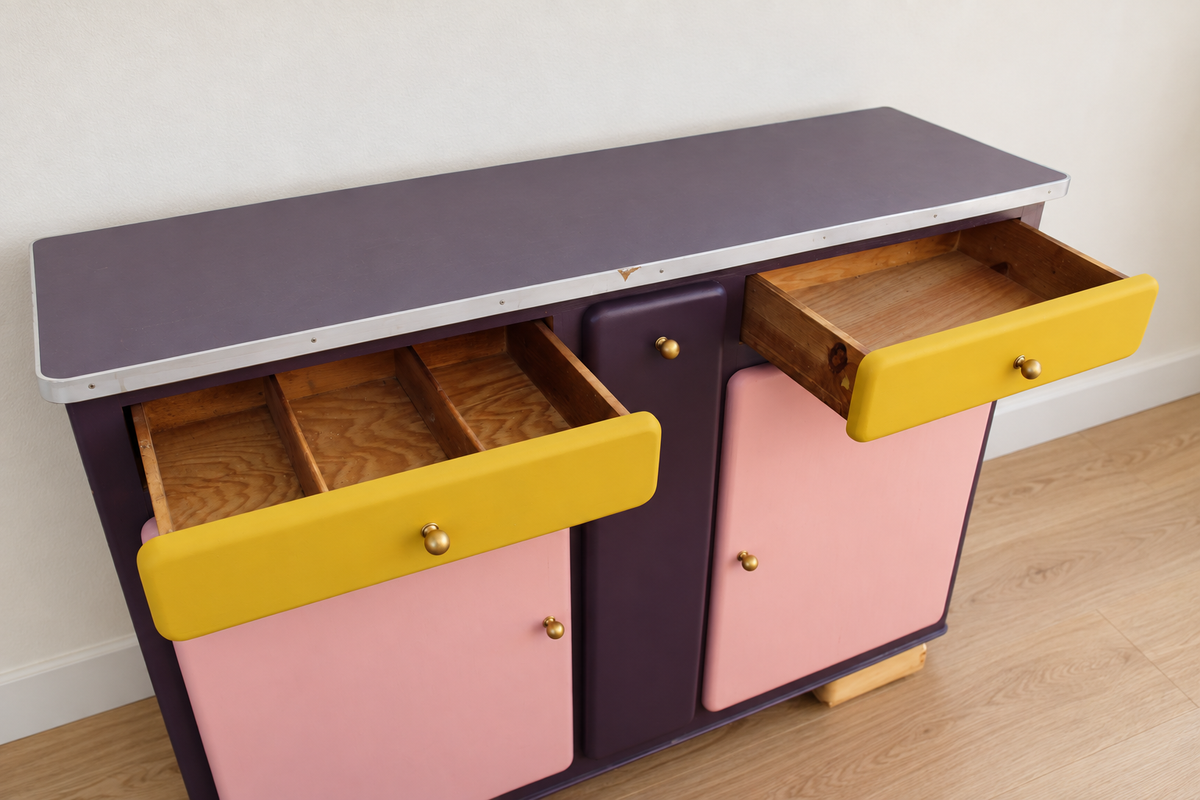 Buffet Mado rénové – buffet bas vintage aubergine - VENDU