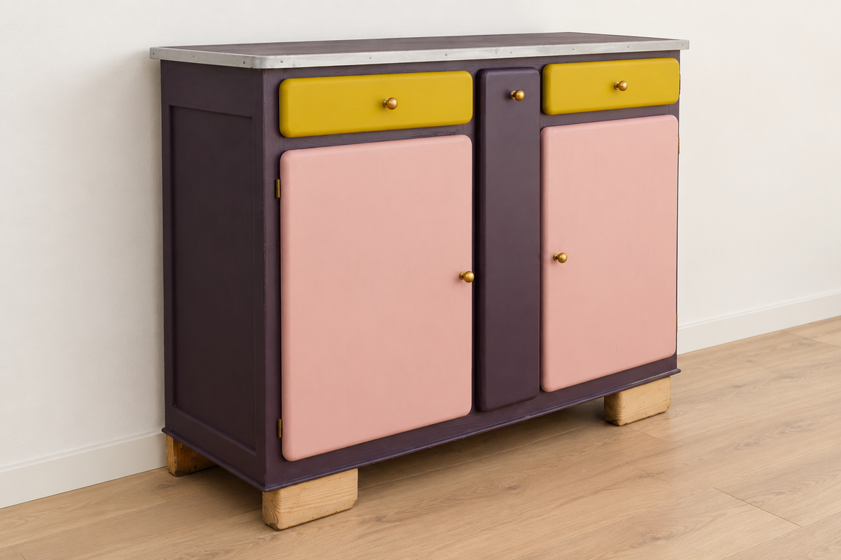Buffet Mado rénové – buffet bas vintage aubergine - VENDU