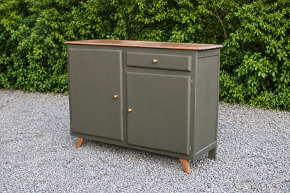 Buffet Mado vintage rénové kaki et bois – 2 portes et 1 tiroir
