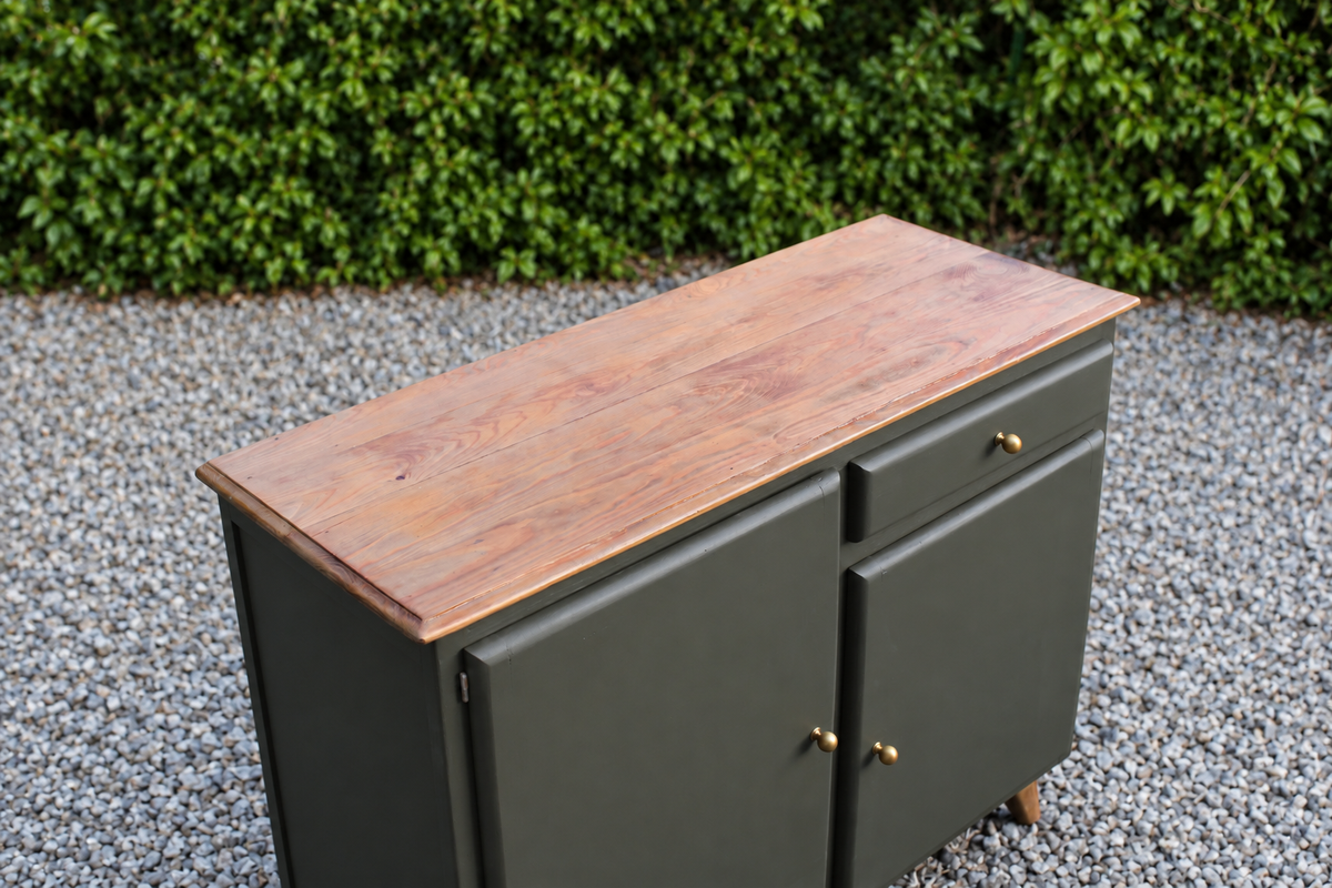 Buffet Mado vintage rénové kaki et bois – 2 portes et 1 tiroir