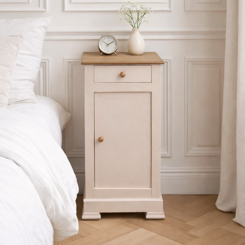 Chevet ancien rénové – Beige "Quai de Seine" & bois naturel – VENDU