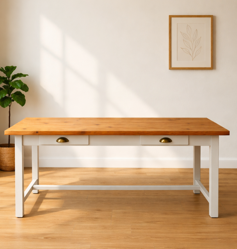 Grande table de ferme rénovée – Bouleau Pure & Paint & plateau bois – VENDU