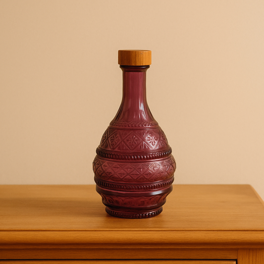 Carafe en verre moulé violet avec bouchon en bois – pièce décorative