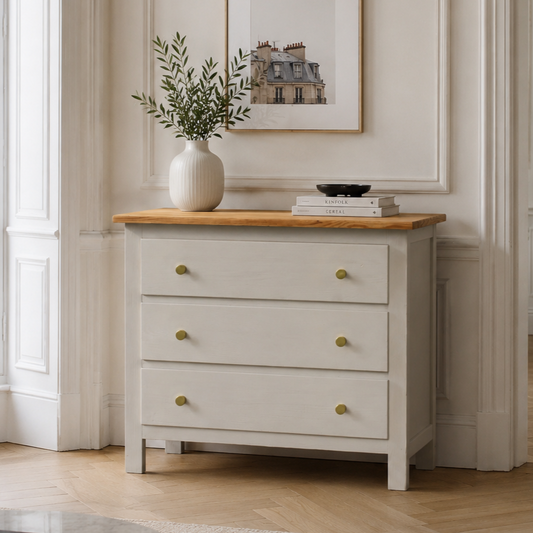 Commode en pin massif rénovée – Beige Galuchat & bois verni – 3 tiroirs - VENDU