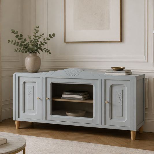 Buffet Art Déco rénové bleu gris clair – 3 portes dont 1 vitrée – 129 cm - VENDU