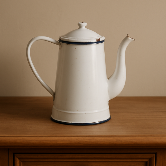 Ancienne cafetière en tôle émaillée blanche vintage