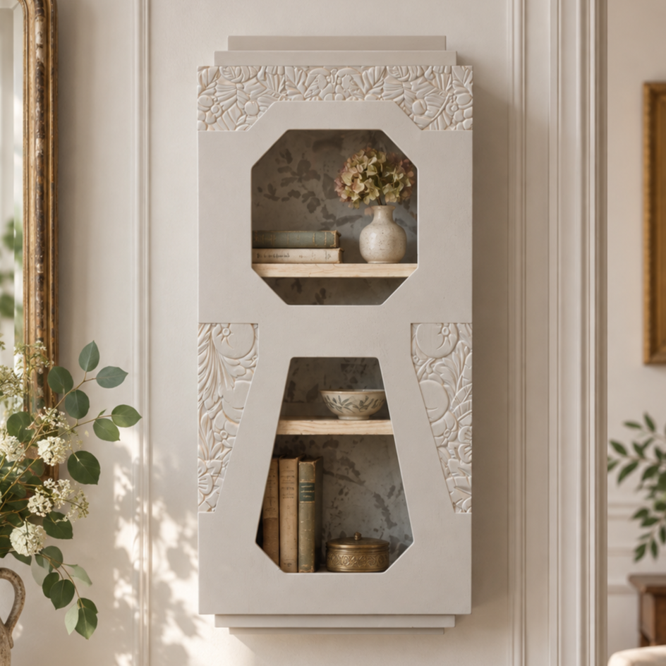 Ancienne horloge Art déco détournée en vitrine étagère murale – Greige Galuchat – H70 cm