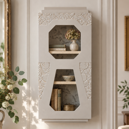 Ancienne horloge Art déco détournée en vitrine étagère murale – Greige Galuchat – H70 cm