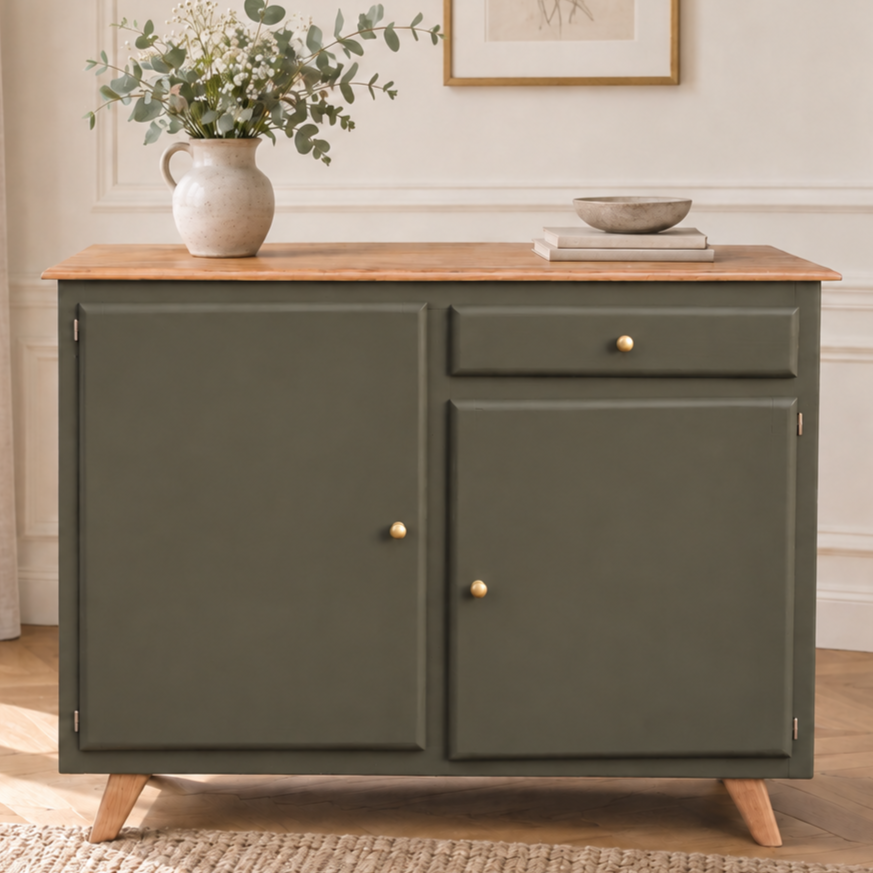 Buffet Mado vintage rénové kaki et bois – 2 portes et 1 tiroir