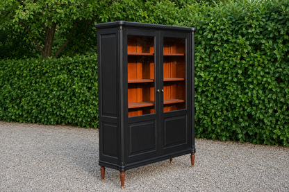 Vitrine ancienne de style Louis XVI rénovée noire, bibliothèque vitrée