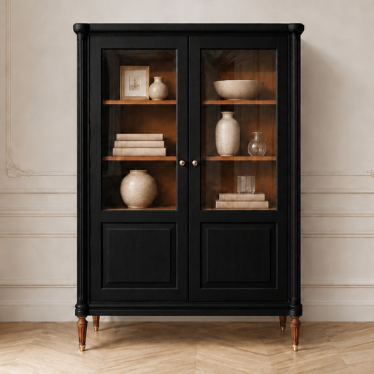 Vitrine ancienne de style Louis XVI rénovée noire, bibliothèque vitrée
