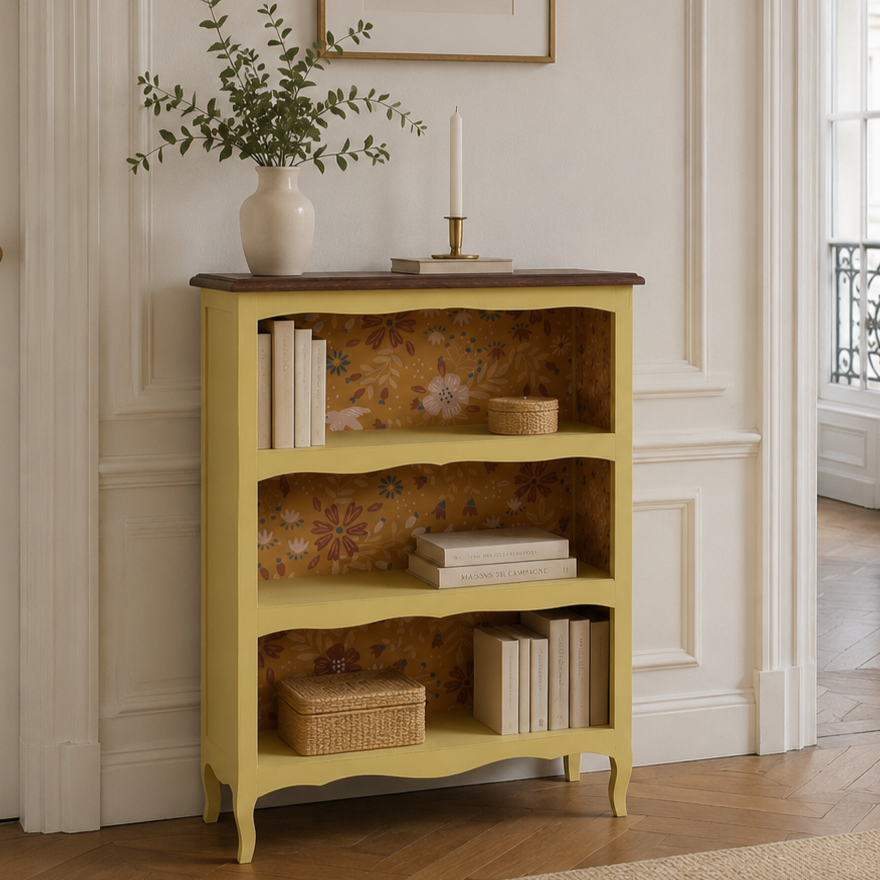 Bibus ancien rénové jaune beurre & papier peint fleuri – Style campagne chic - VENDU
