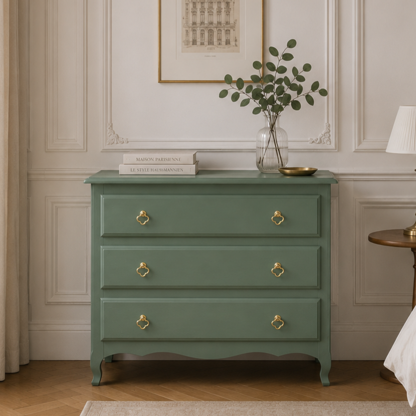 Commode vintage vert Treillis – poignées dorées & intérieur tapissé - VENDU
