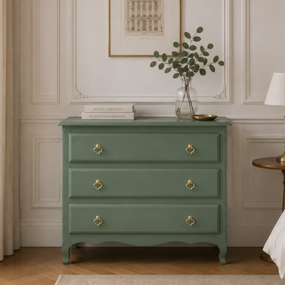 Commode vintage vert Treillis – poignées dorées & intérieur tapissé - VENDU