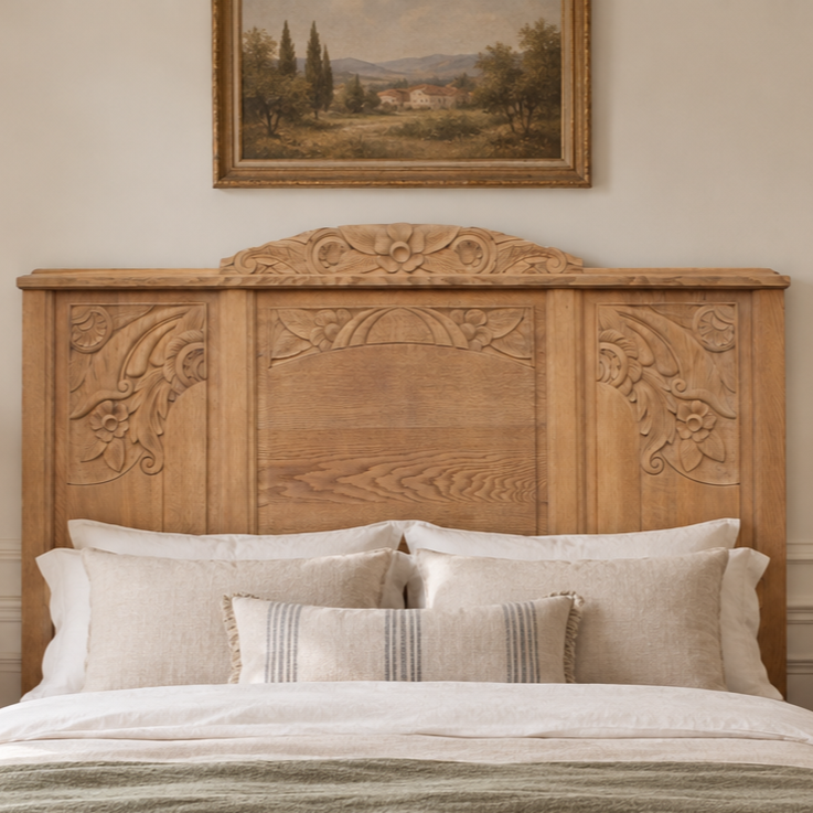 Tête de lit ancienne Art déco en bois sculpté aérogommé – 146 × 136 cm - Projet sur Mesure