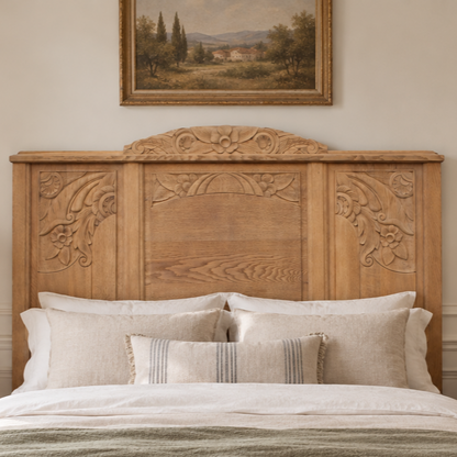 Tête de lit ancienne Art déco en bois sculpté aérogommé – 146 × 136 cm - Projet sur Mesure