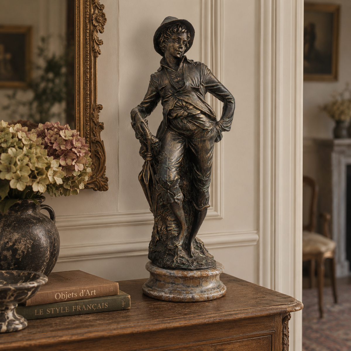 Grande sculpture jeune chasseur en résine patinée façon bronze – H61 cm