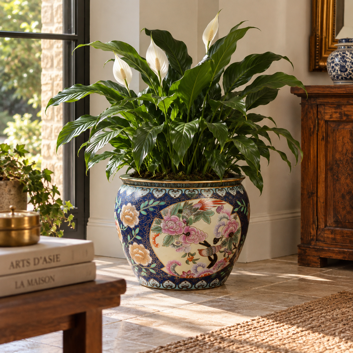 Grand cache-pot chinois en porcelaine polychrome – fleurs et oiseaux – Ø33 cm