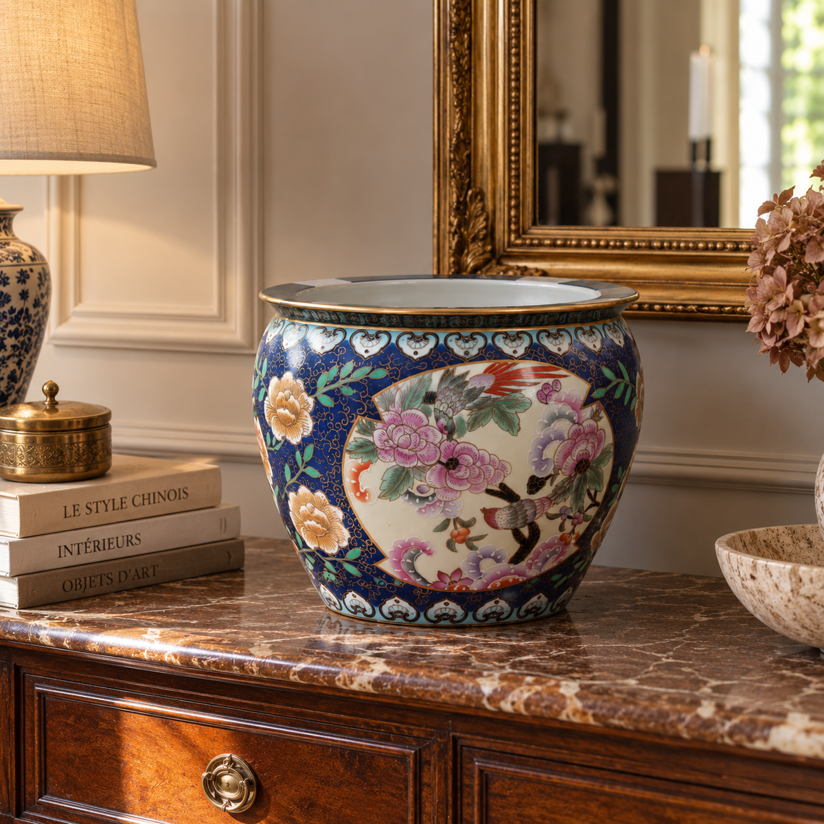 Grand cache-pot chinois en porcelaine polychrome – fleurs et oiseaux – Ø33 cm