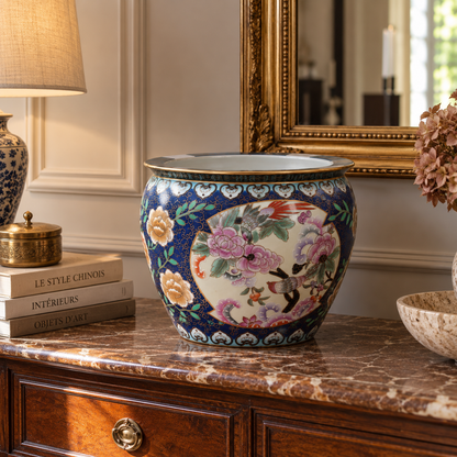 Grand cache-pot chinois en porcelaine polychrome – fleurs et oiseaux – Ø33 cm