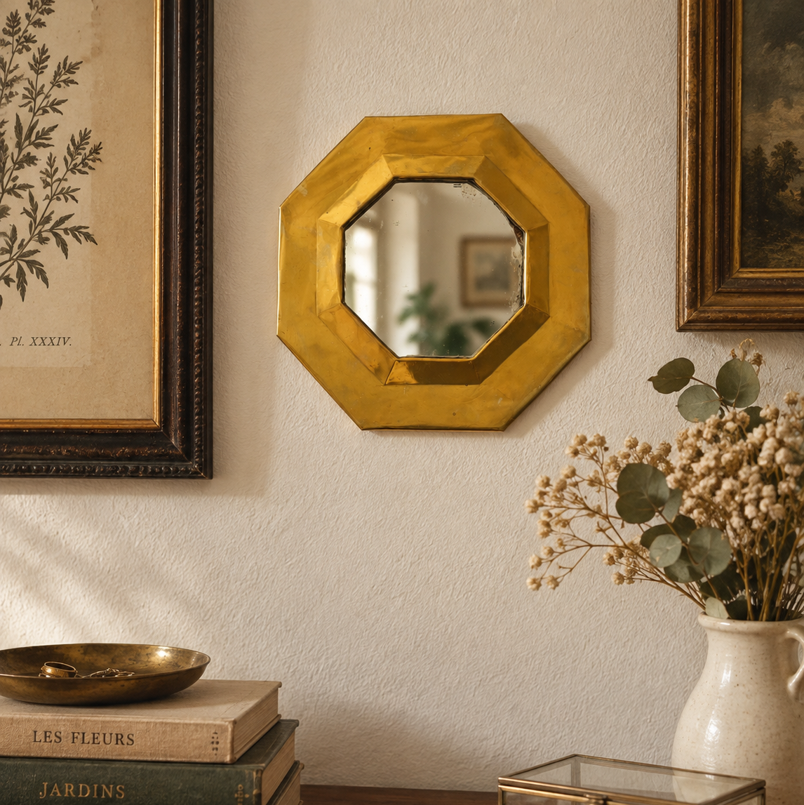 Petit miroir octogonal vintage en métal doré – style Art déco 19 cm