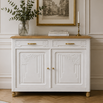 Buffet Art Déco rénové en bouleau – Plateau en chêne massif verni - VENDU