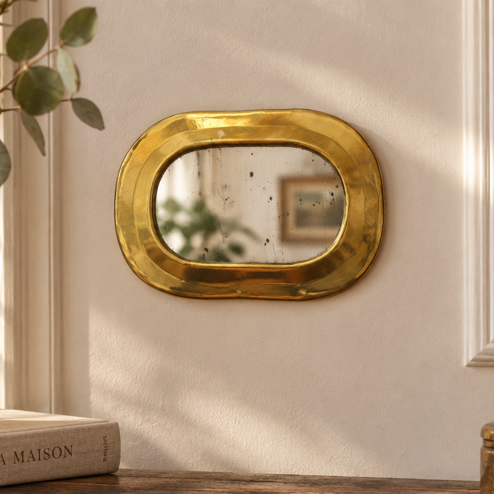 Petit miroir mural vintage en laiton doré – glace piquée – 14 cm