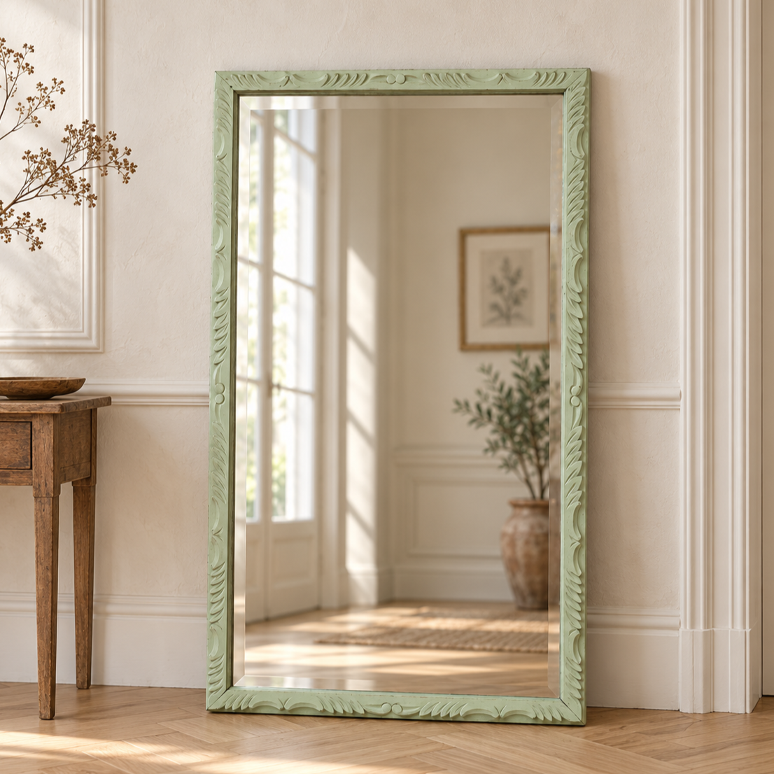 Grand miroir ancien biseauté en bois massif sculpté vert Lézard – 129 × 75 cm