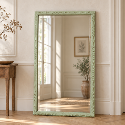 Grand miroir ancien biseauté en bois massif sculpté vert Lézard – 129 × 75 cm