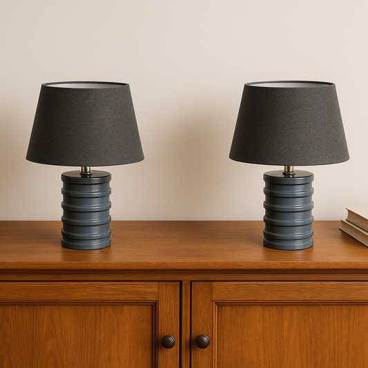 Duo de lampes céramique grise & abat-jour gris chiné – Design contemporain