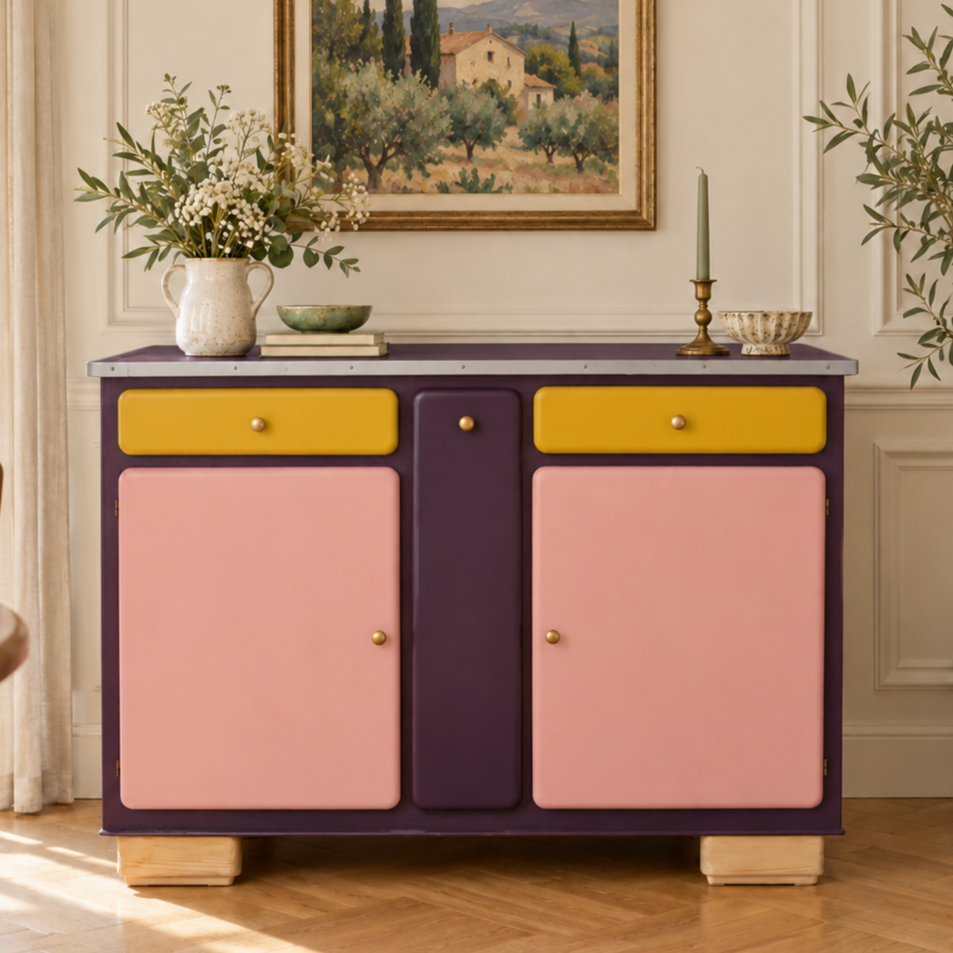 Buffet Mado rénové – buffet bas vintage aubergine - VENDU