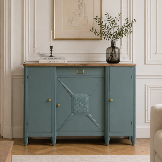 Buffet style Art Déco rénové kaki & chêne massif - VENDU